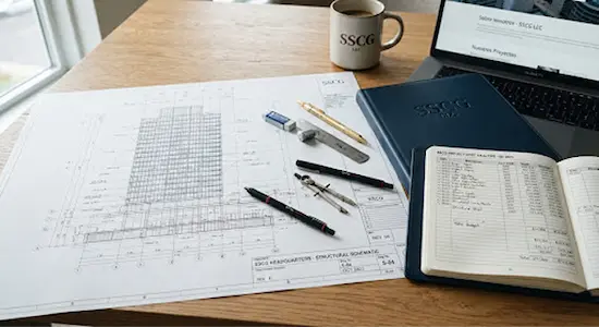 Workspace with engineering drawings, notebooks, and tools